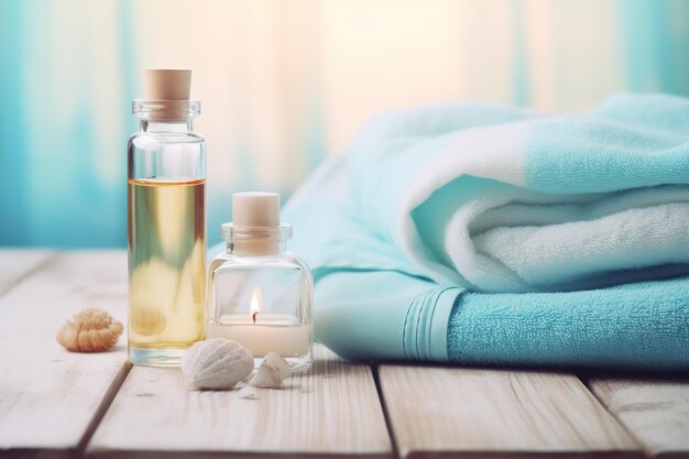 A set of oils and spa towels on a wooden surface warm light massage oil in the spa center