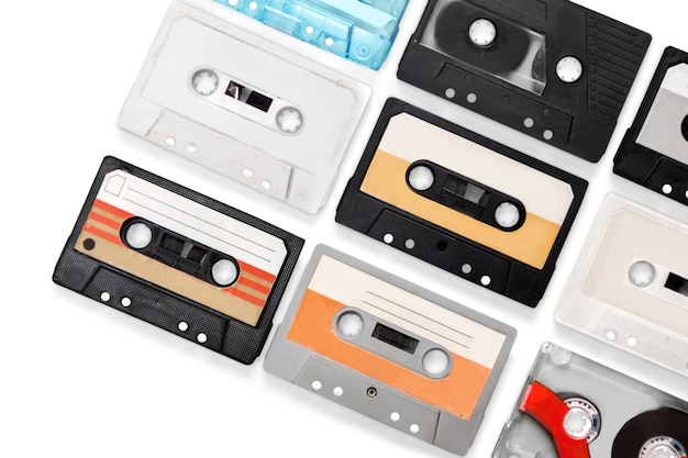 Set of old audio cassettes  isolated on white