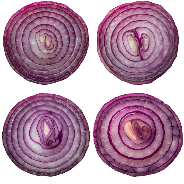 Photo set of onion slice isolated on white background