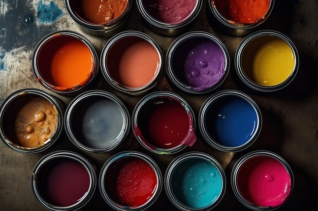 Set of opened colorful paint cans