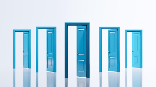 Set of Opened realistic blue doors isolated on white background 3D render