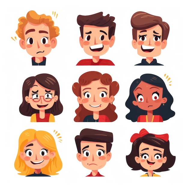 Photo set of optimistic faces cartoon style head shots ai generated