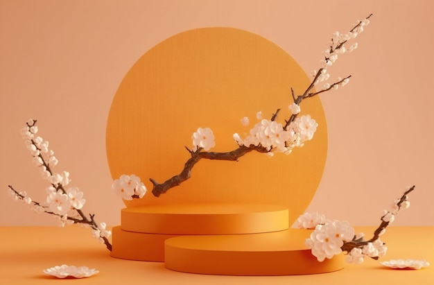 背景に大きなオレンジ色の円が付いた、オレンジと白の花のセット。