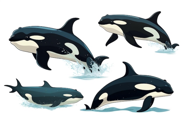 Set of Orca Killer Whales Isolated on White Background Generative AI