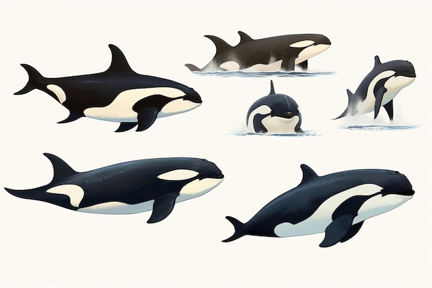 Set of Orca Killer Whales Isolated on White Background Generative AI