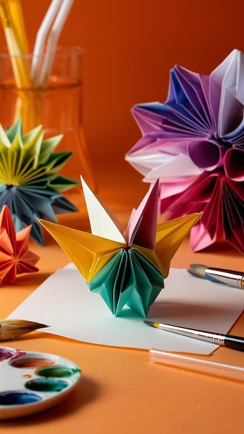 Set origami papierkunst penseel waterverf en stro op oranje achtergrond