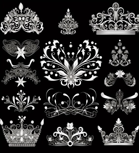 A set of ornate crowns and tias on a black background generative ai