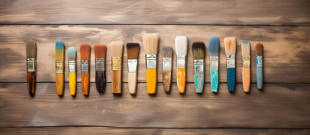 Photo set of paint brushes on a wooden backdrop