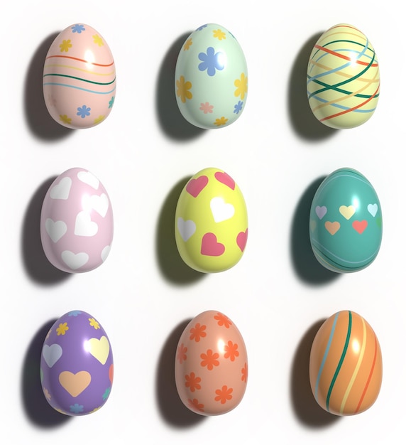 Photo set of painted easter eggs with shadow on isolated background happy easter