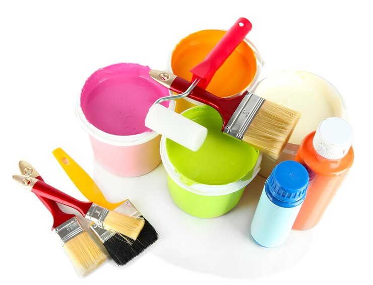 Photo set for painting paint pots brushes paintroller isolated on white
