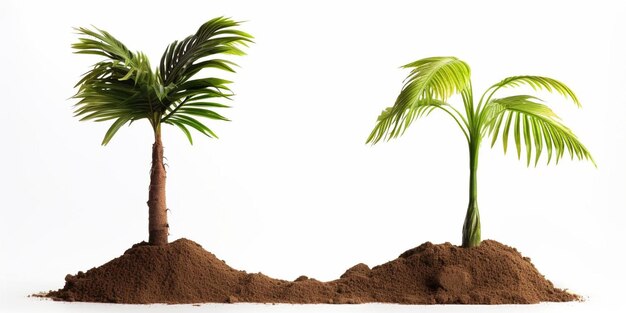 Set of Palm tree growing in the ground isolated on white background