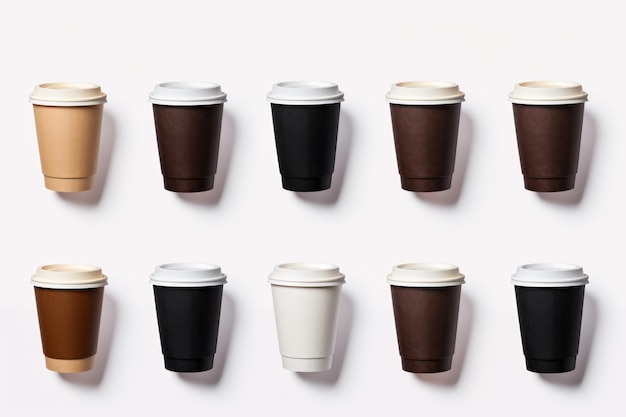 Photo set of paper takeaway cups of different black coffee isolated on white background top view ai generated