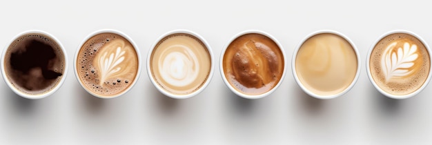 Set of paper takeaway cups of different latte art and black coffee isolated on a white background top view