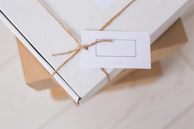 set of parcel tie hemp cord. delivery service. online shipping. holidays gifts concept. many presents.