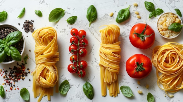 A set of pasta with tomatoes in different angles is isolated on a white background