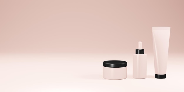 Set di vasetti cosmetici rosa pastello con coperchio nero e confezione mockup 3d illustration