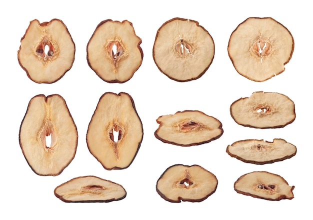 Foto set di patatine di frutta pera isolato su sfondo bianco