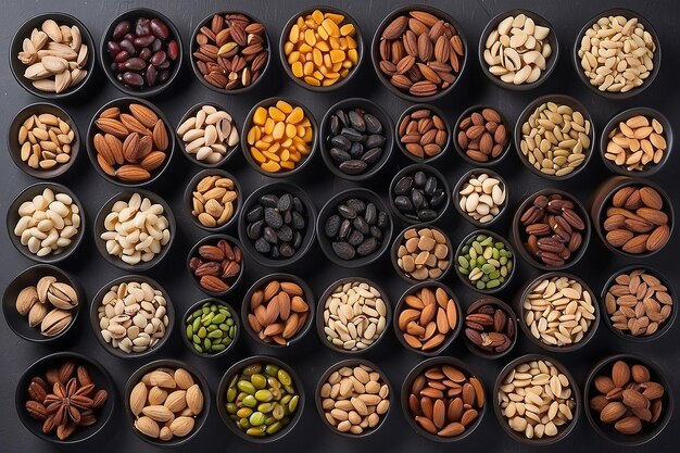 Set of pecan pistachios almond peanut cashew pine nuts and assorted nuts and dried fruits in a mini different bowls and black pan top view