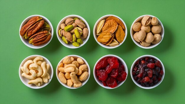 Set of pecan pistachios almond peanut cashew pine nuts and lined up assorted nuts and dried fr