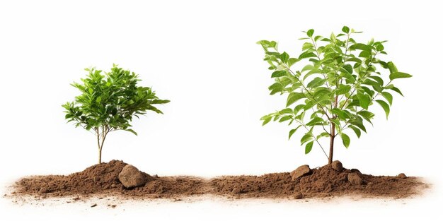 Photo set of pecan tree growing in the ground isolated on white background