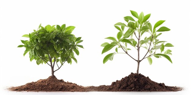 Set of Pecan tree growing in the ground isolated on white background