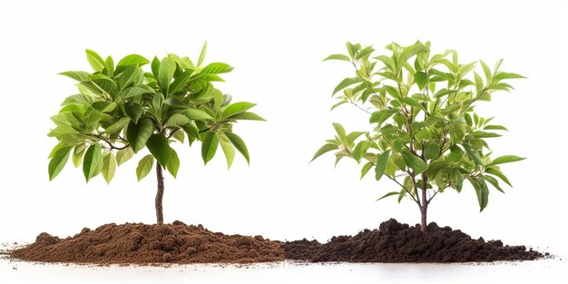 Set of Pecan tree growing in the ground isolated on white background