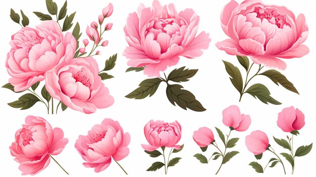 Set of peonies with leaves Floral elements design