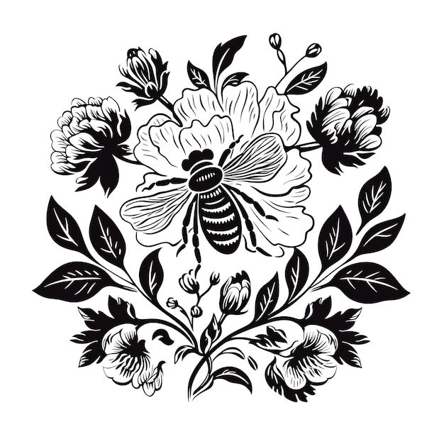 Set of Peony Stamp With Monochrome White Color Bee Decorations Ink Clipart Tshirt Tattoo Designs