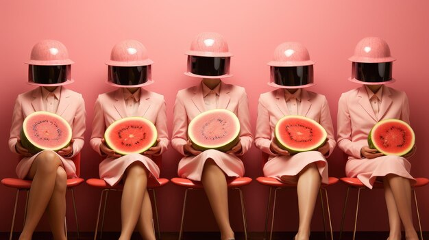 Photo set of people with juicy watermelons instead of their heads on pink background
