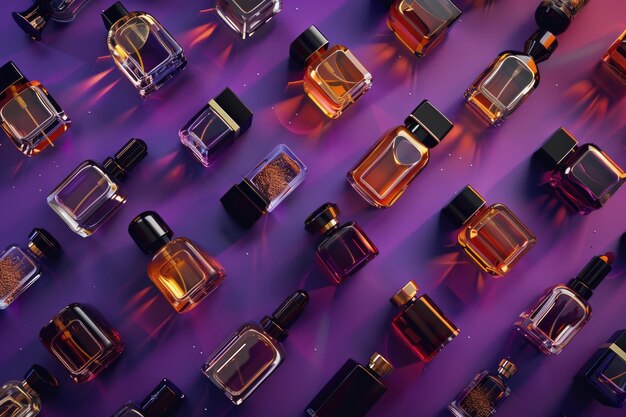 Set of perfume bottles on purple background