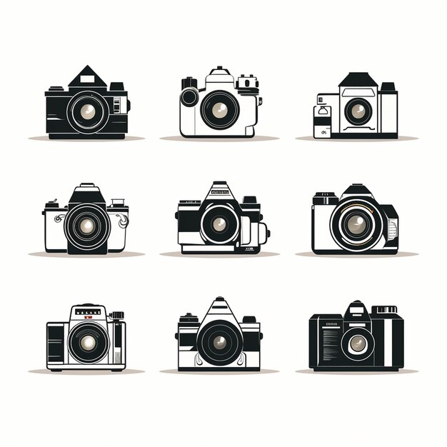 Foto set di icone della fotocamera disegno piatto illustrazione vettoriale colori bianco e nero