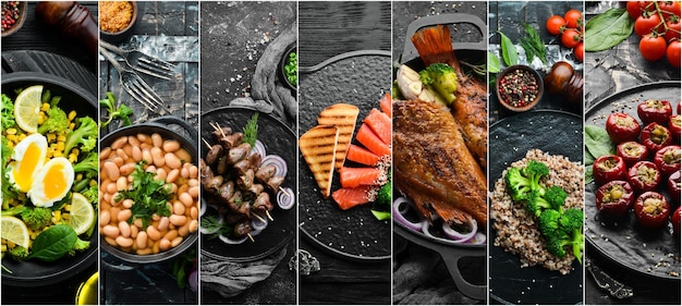 Set of photo dishes Set of food cuisines of peoples of the world Dishes and snacks on black stone background