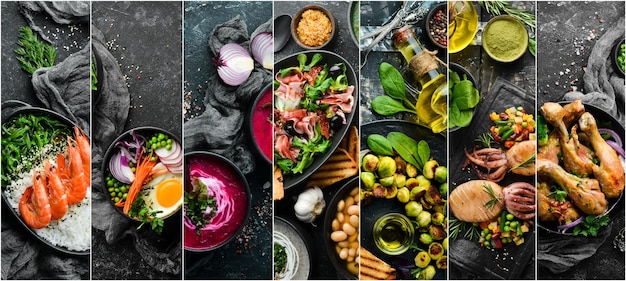 Set of photo dishes Set of food cuisines of peoples of the world Dishes and snacks on black stone background