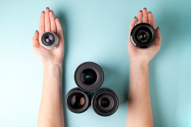 Set of photo lenses on a colored background