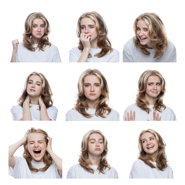 Set photo of a teenager girl in a white Tshirt with different emotions Sadness anger joy happiness laughter Isolated on white background Square format Collage