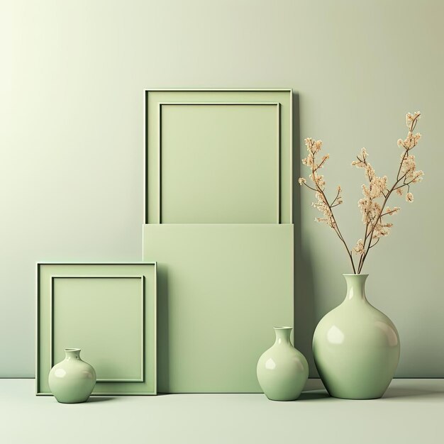 a set of picture frames with art in green vase on white background in the style of warm color