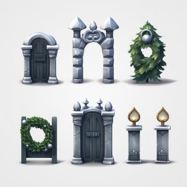 A set of pictures of a monument with a wreath and a wreath with the word " o " on it.