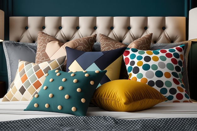 Set of pillows with different patterns and colors on bed generative ai