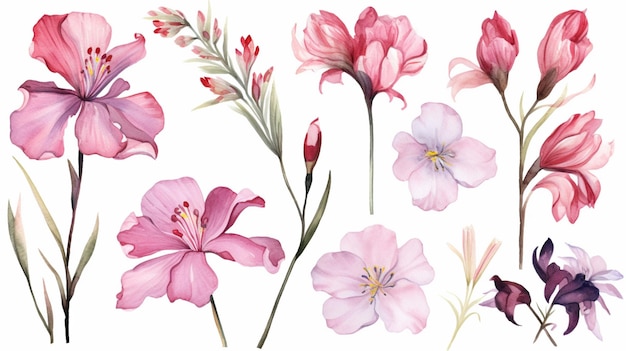 A set of pink flowers on a white background.