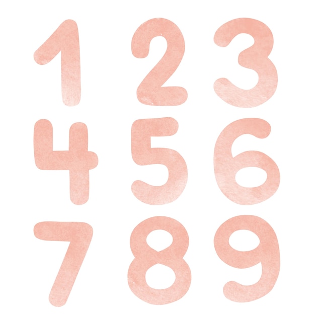 Set of pink numbers watercolor illustrations isolated on white background