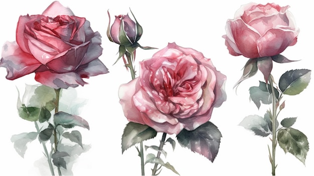 A set of pink roses on a white background.