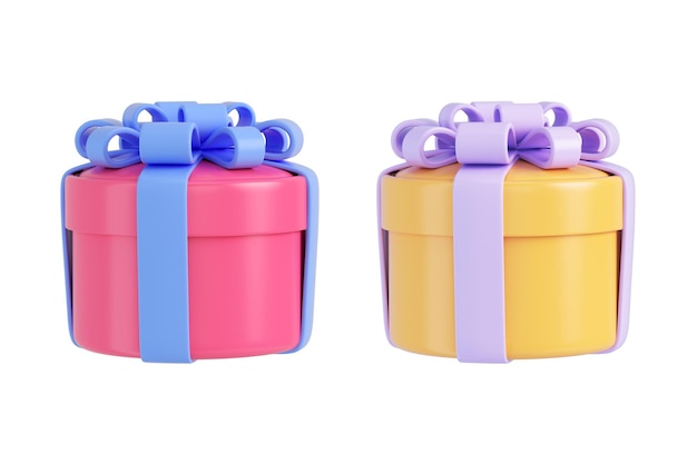 Набор розовых и желтых подарочных коробок с пастельной лентой на белом фоне 3d рендеринг