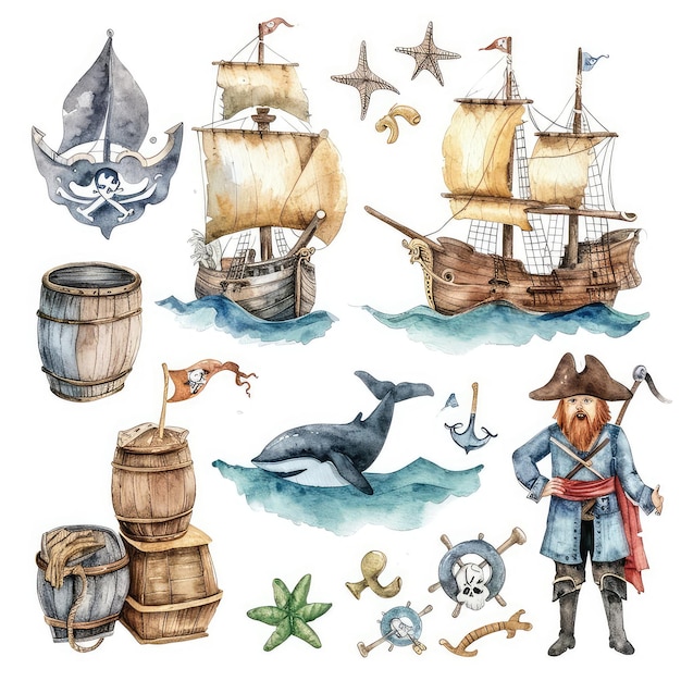 Photo set of pirates and ocean watercolor illustration handdrawn illustration isolated on white background in boho style