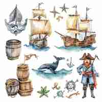 Photo set of pirates and ocean watercolor illustration handdrawn illustration isolated on white background in boho style