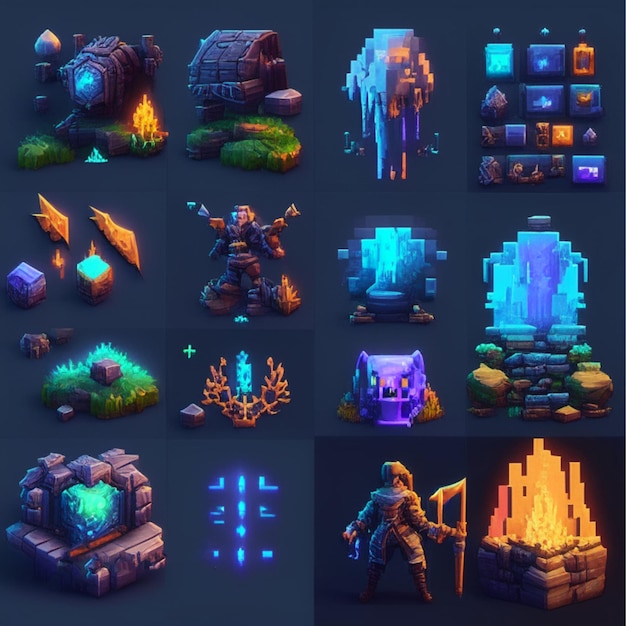 A set of pixel art items including a fire pit, a fire pit, a fire pit, a fire pit, a fire pit, and a stone box.