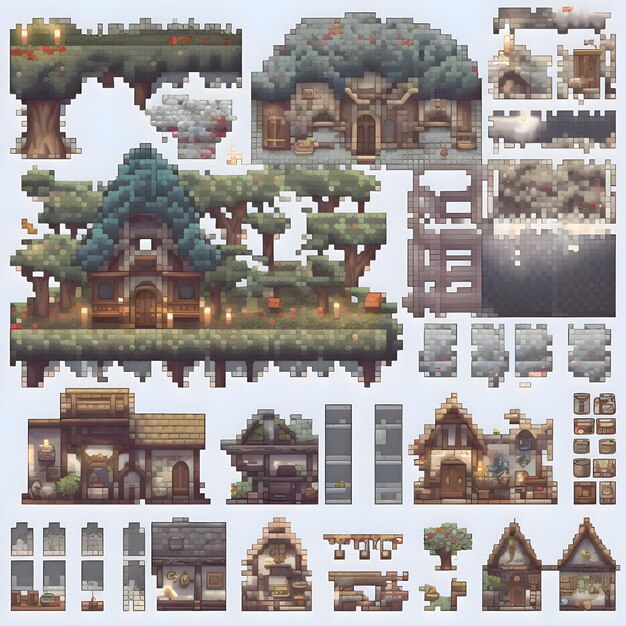 Photo set of pixelated buildings and trees in the style of the game