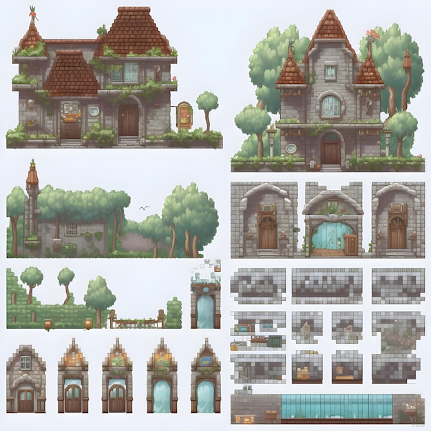 Photo set of pixelated houses and buildings vector illustration for game design
