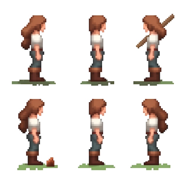 Photo set of pixelated woman in different poses 8 bit girl