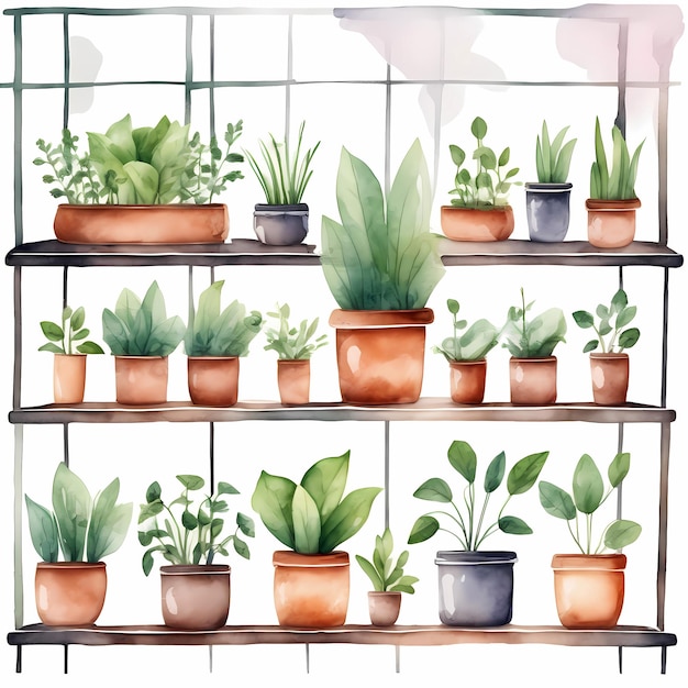 温室の棚に置かれた植物のセット 白い背景に手で描いた水彩の孤立したイラスト