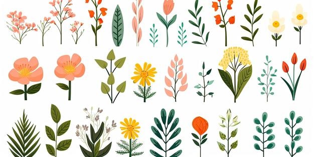 set planten bloemen bladeren in een platte stijl op een witte achtergrond